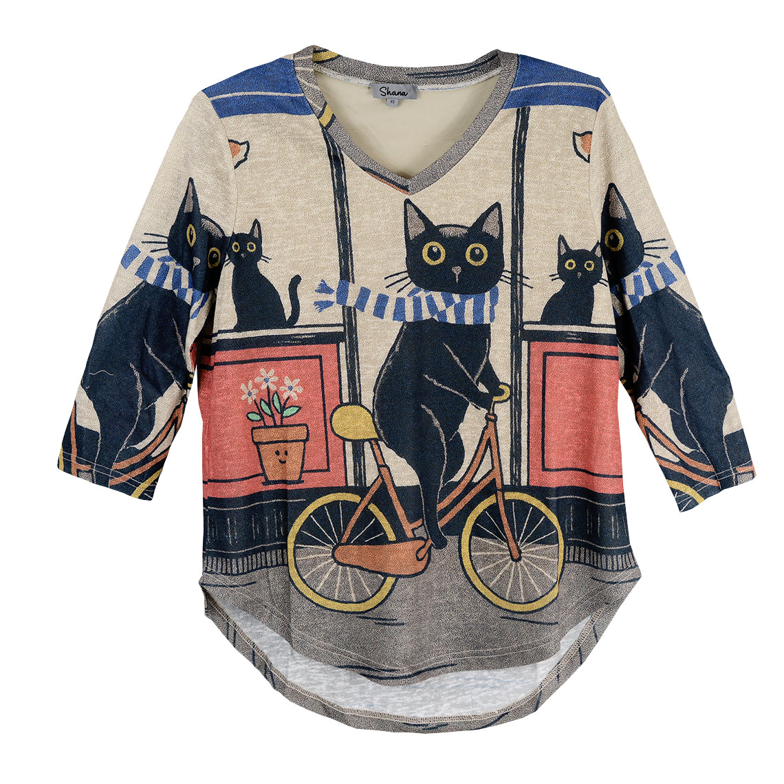 Shana Slub knit Cat on A Bike 3/4 V-neck Popover Top (26730)(Cat )