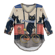 Shana Slub knit Cat on A Bike 3/4 V-neck Popover Top (26730)(Cat )