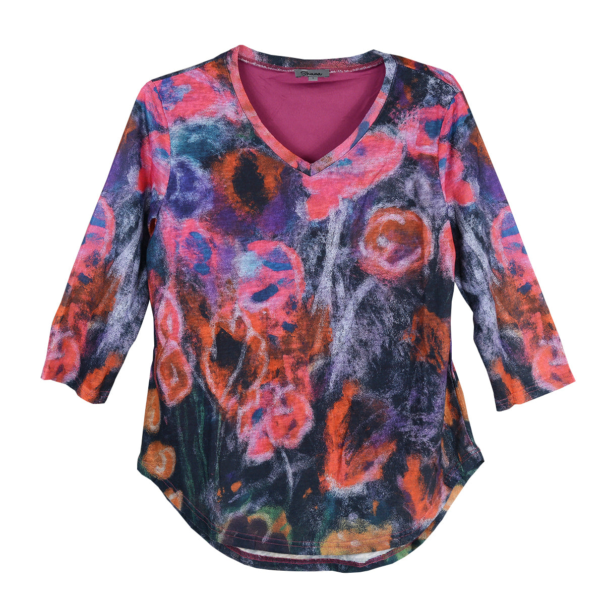 Shana Slub knit Artsy Floral 3/4 V-neck Popover Top (226730)(Floral)