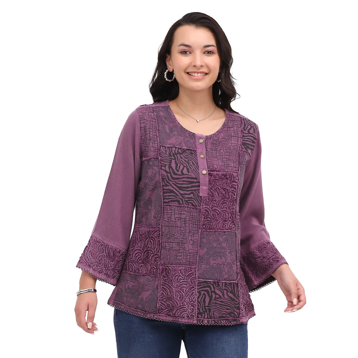 Parsley & Sage Patchwork print  Blaze Top (26F590C) (Plum)