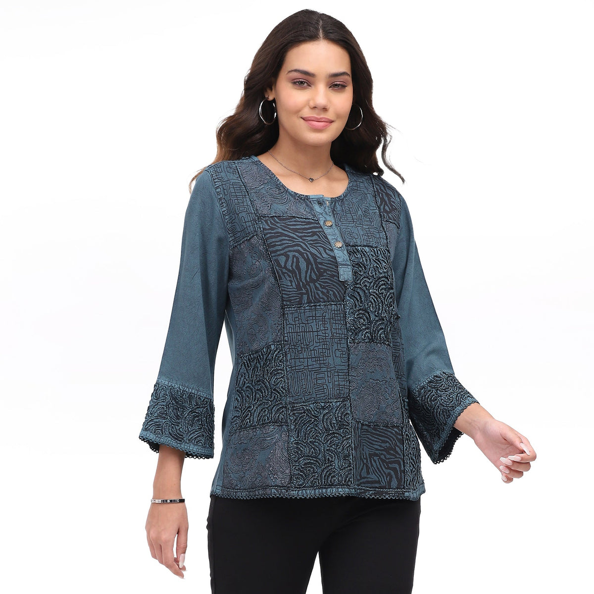 Parsley & Sage Patchwork Print Blaze Top (26F590C) (Teal)