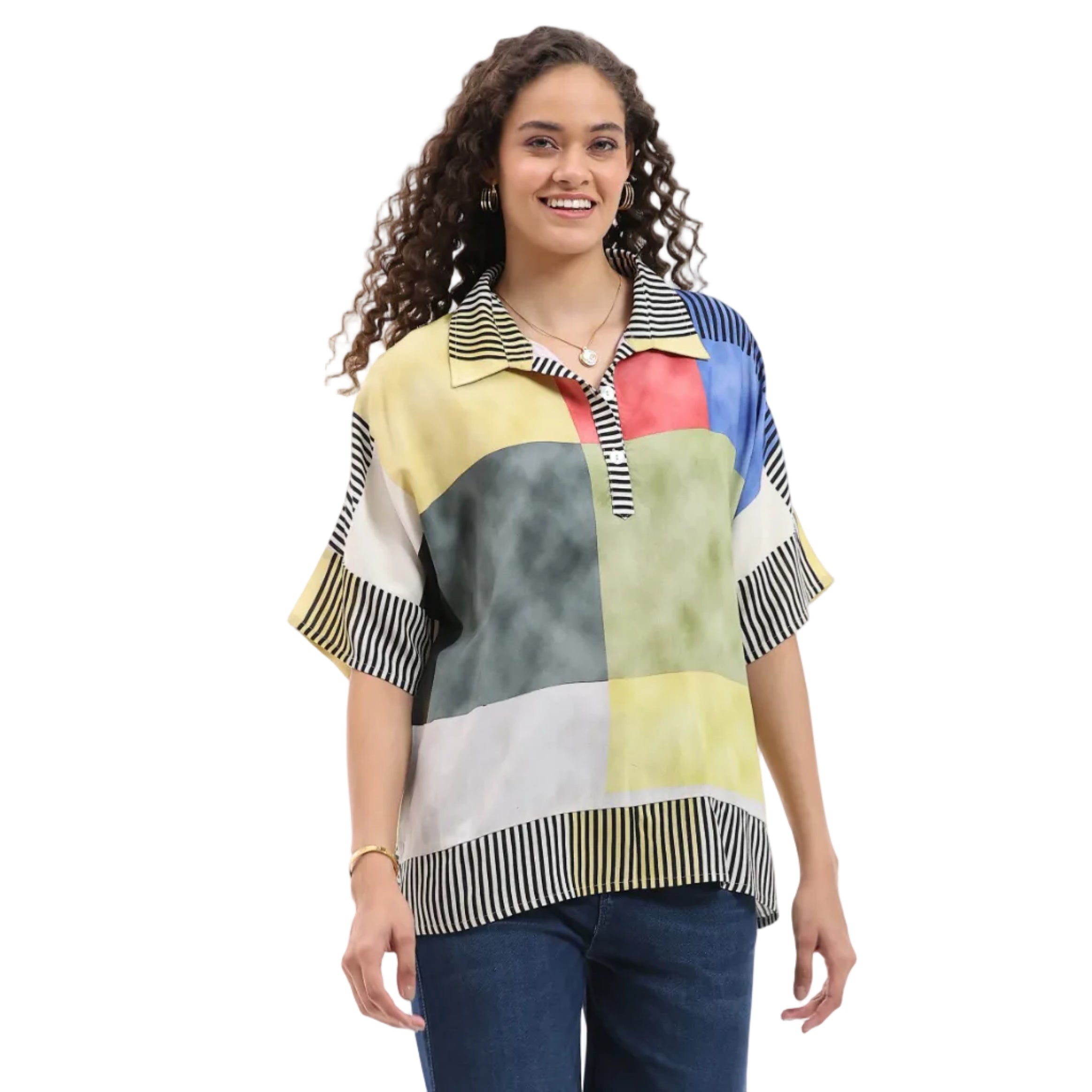 Parsley & Sage Elaine Dolman Sleeve Woven Collared Pop-Over (26T04B4)(Multi)
