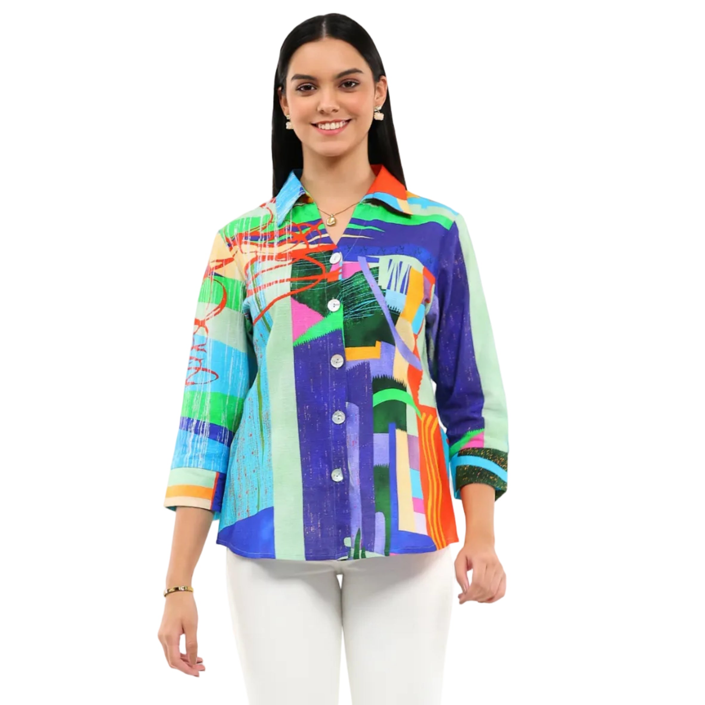 Parsley & Sage Gracie 3/4 sleeve Woven Collared Shirt (26T06G)(Multi)