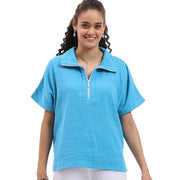 Parsley & Sage Shawn Short Sleeve Zipper Top (26T40B2)(Ocean)