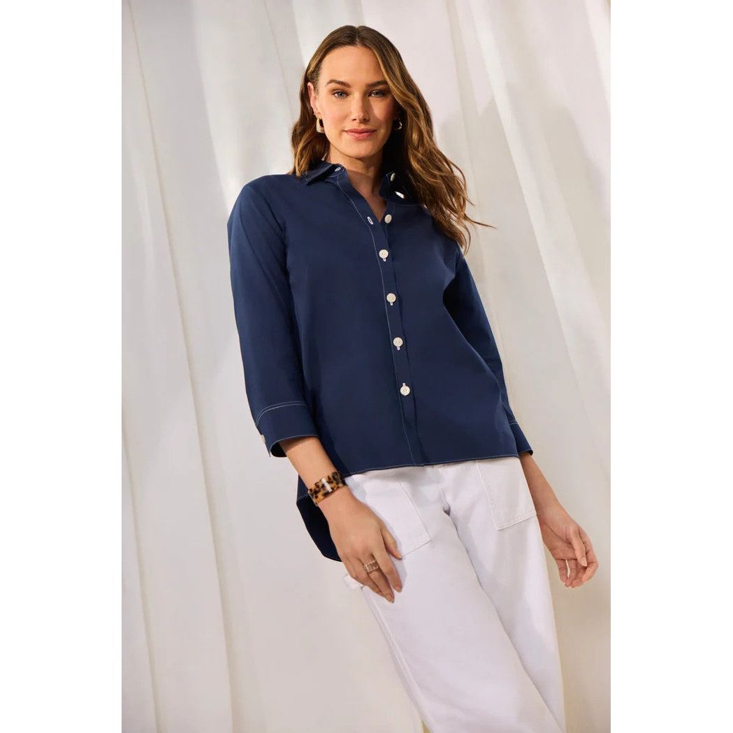 Foxcroft Kelly Solid Navy Contrast Stitch Stretch Shirt