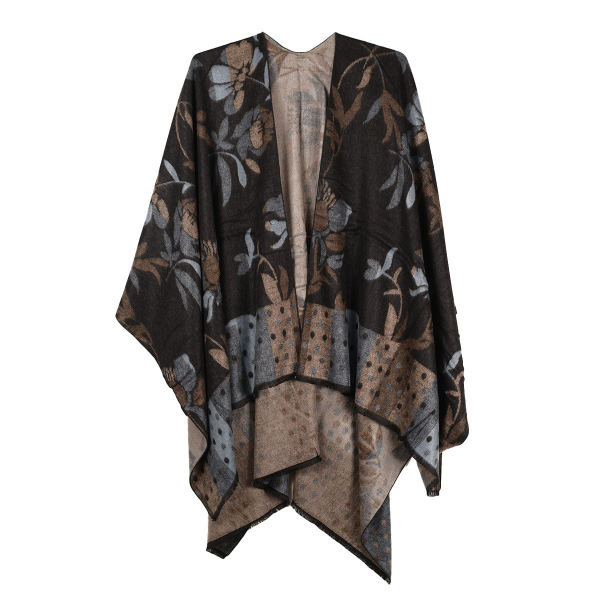 Rapti 100% Cashmere Reversible Ruana #28 BLK/TAN/LTBLU