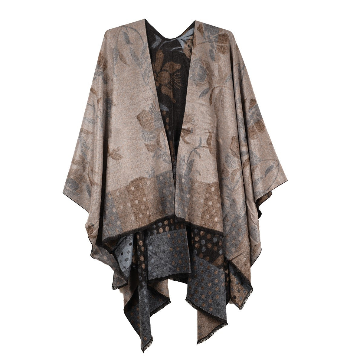 Rapti 100% Cashmere Reversible Ruana #28 BLK/TAN/LTBLU