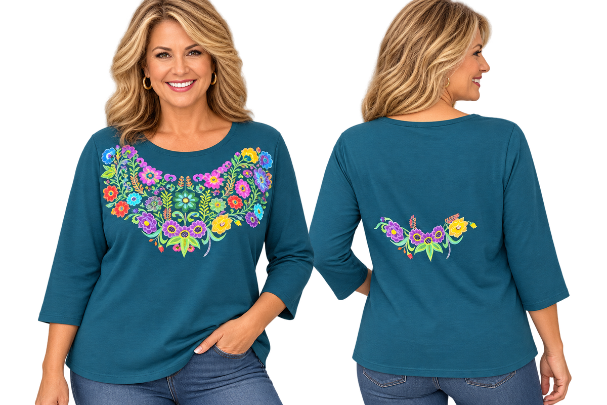 Sabaku Las Flores Huipil 3/4 Sleeve Tee  (413BFO3/4s) (Black Forest)