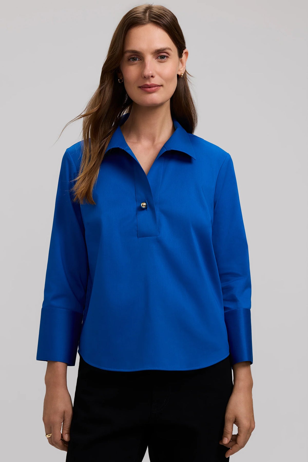 Foxcroft Catalina Stretch Matte Sateen 3/4 Sleeve Popover Shirt (Savory Blue) (205783)