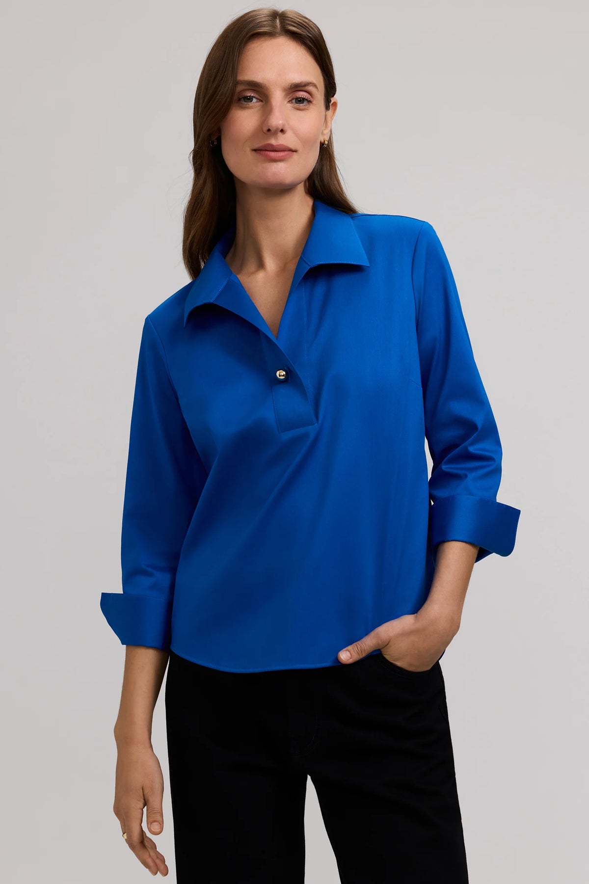 Foxcroft Catalina Stretch Matte Sateen 3/4 Sleeve Popover Shirt (Savory Blue) (205783)