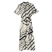 Boho Chic Maxi Self Belt Linear Dress (3114213)(Beige Black)