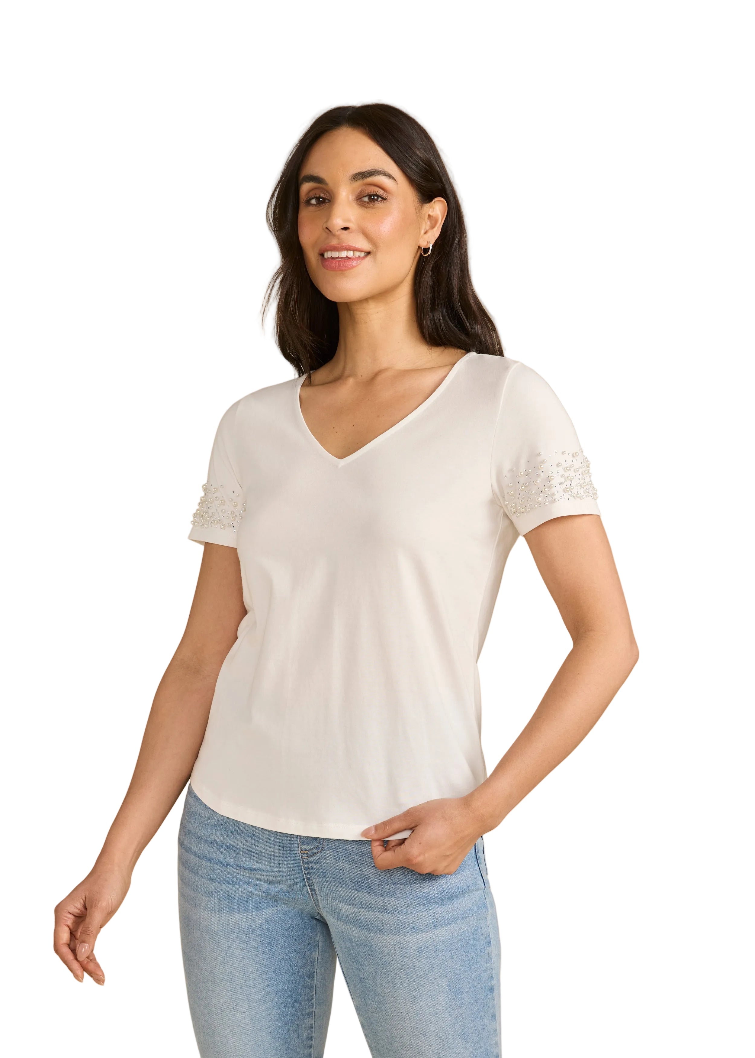 FDJ French Dressing  Pearl Embellished V-neck Top (3162165)(White)