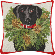 Peking Handicraft Santa Black Lab Wreath Hook Pillow 18" SQ