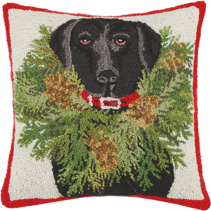 Peking Handicraft Santa Black Lab Wreath Hook Pillow 18" SQ