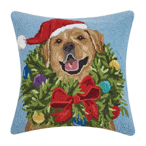 Peking Handicraft Santa Golden Lab Wreath Hook Pillow 18" SQ