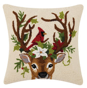 Peking Handicraft Reindeer & Cardinal Hook Pillow 18" SQ