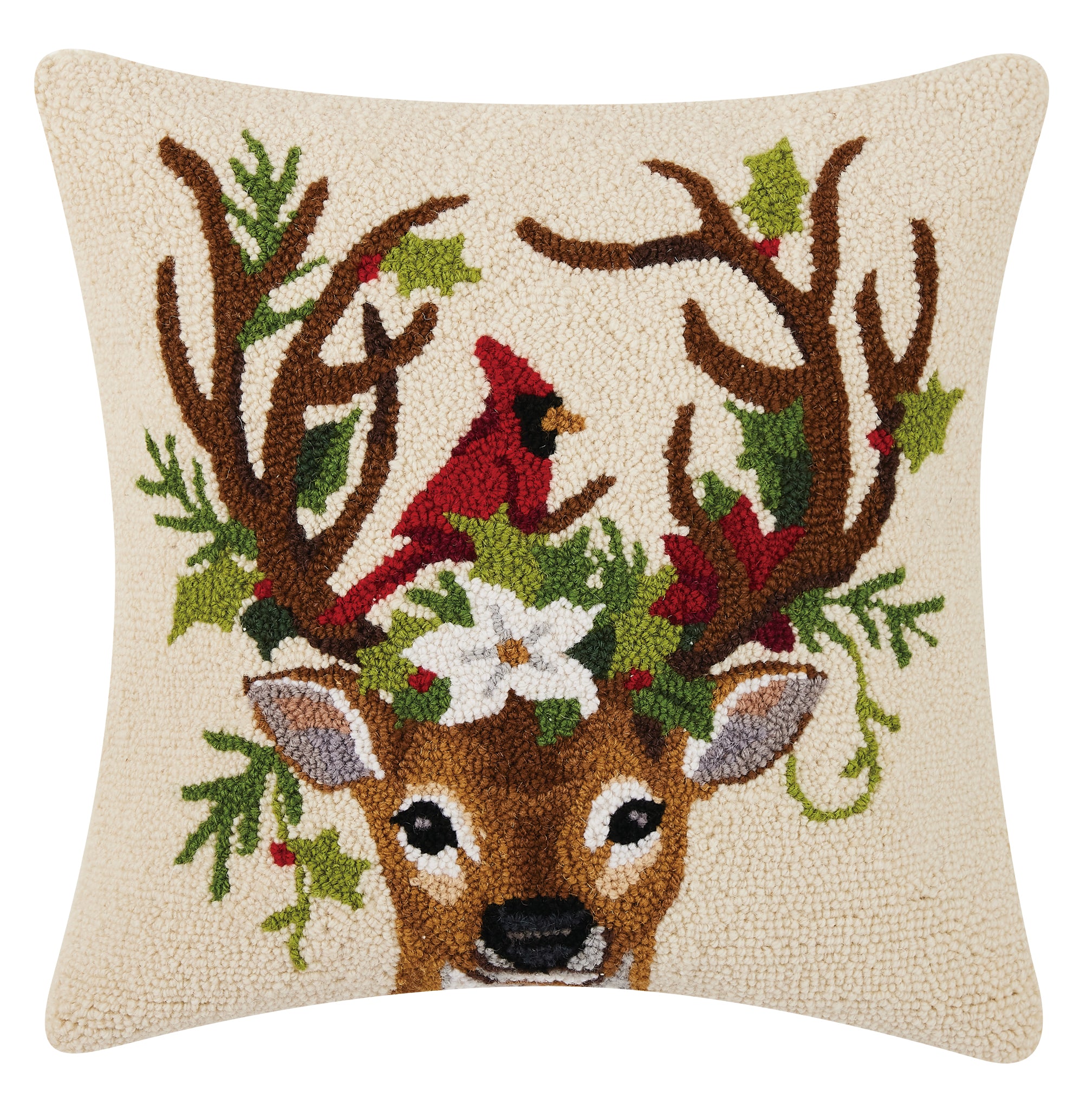 Peking Handicraft Reindeer & Cardinal Hook Pillow 18" SQ