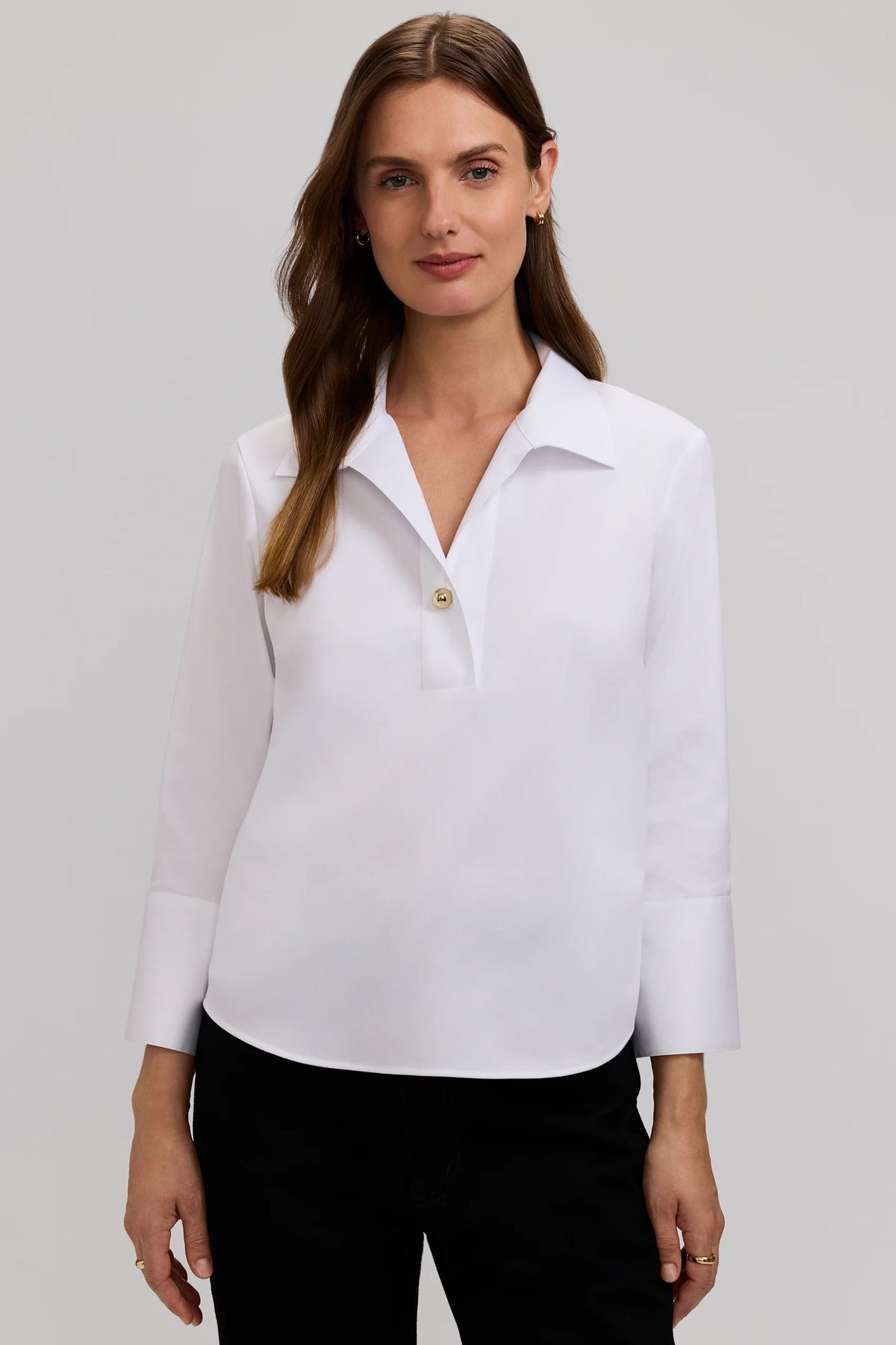 Foxcroft Catalina Stretch Matte Sateen 3/4 Sleeve Popover Shirt (White ) (205783)