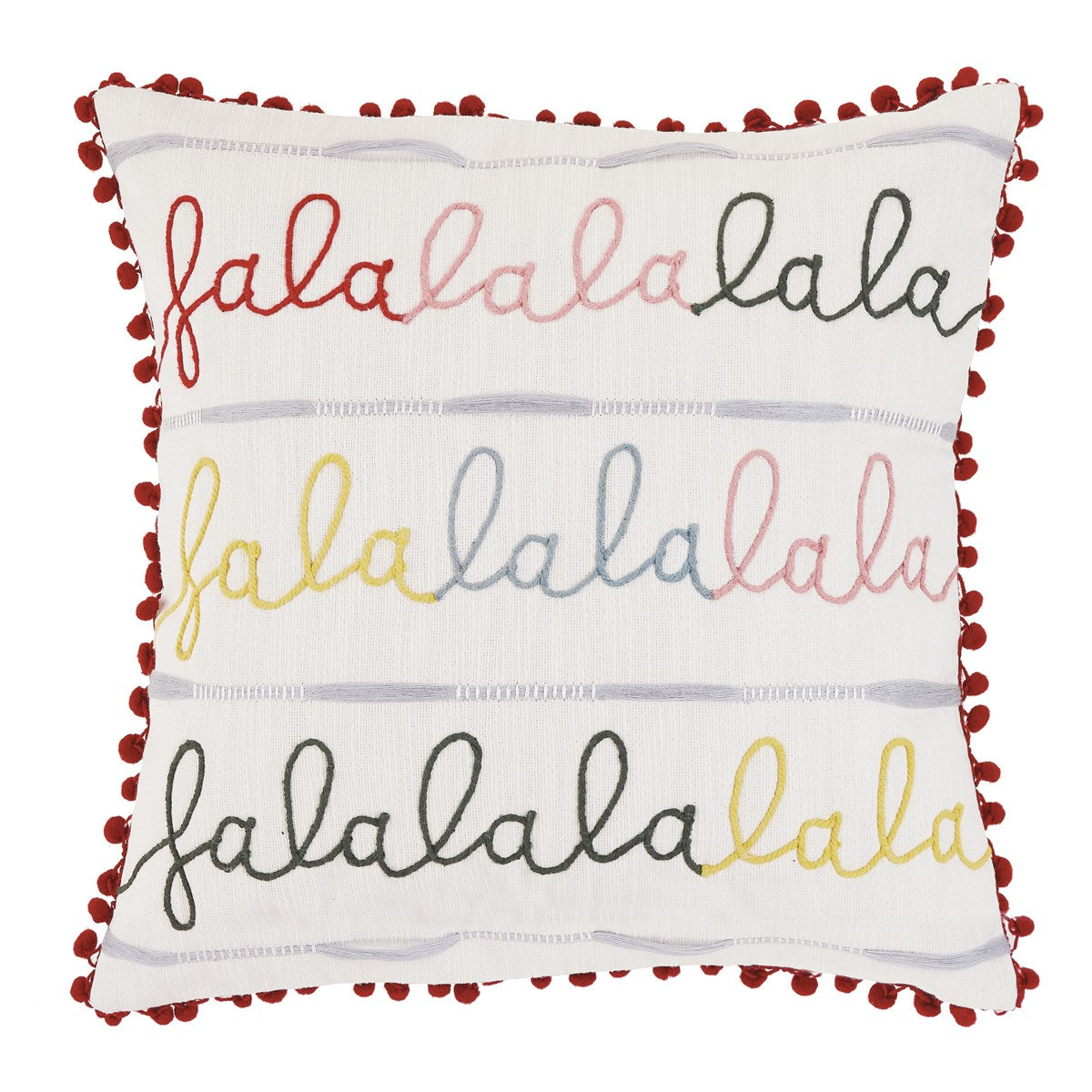 Peking Handicraft Colorful Fa La La la Embroidered Pom Poms Pillow (18 X 18)