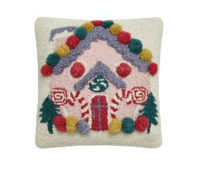 Peking Handicraft Pink Gingerbread House with Pom Poms Hook Pillow 12" SQ