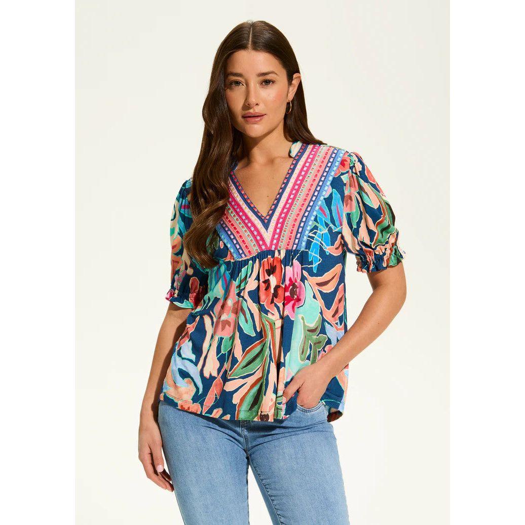 FDJ French Dressing Pop Camo Embellished Elbow Sleeve Top