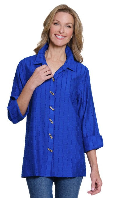 Multiples Petite Textured Turn Up Cuff Button Front Dazzling Blue Shirt (M35205BM)