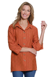 Multiples Petite Textured Turn Up Cuff Button Front Spice Shirt (M35205BP)