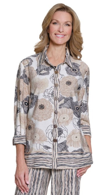 Multiples Petite Floral Print Shirt (BLK/WHT/TAN) (M35304B)
