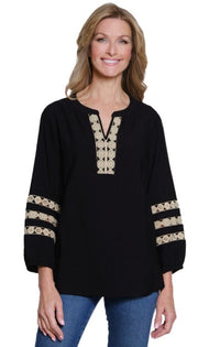 Multiples Lace Trim Notch V-Neck Top (BLK/TAN) (M35305T)