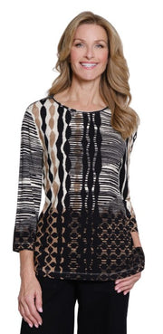 Multiples Patterned Embellished Scoop Neck Top (BLK/TAN/WHT) (M35309T)