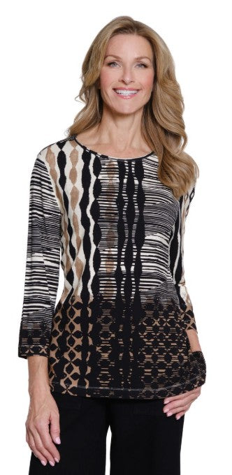 Multiples Patterned Embellished Scoop Neck Top (BLK/TAN/WHT) (M35309T)