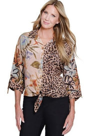 John Mark Mix Print Button & Tie Front Dolman Cinch Sleeves Top (J35443BM)