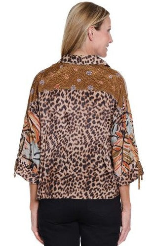John Mark Mix Print Button & Tie Front Dolman Cinch Sleeves Top (J35443BM)