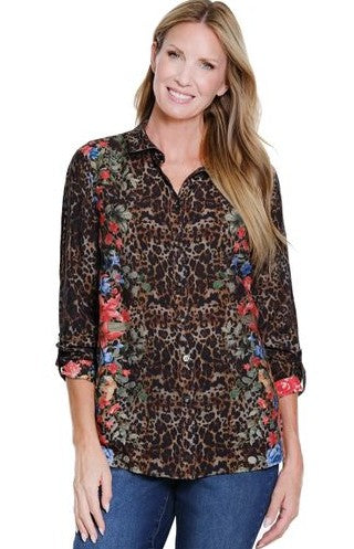 John Mark Mix Animal Floral Printed Button Front Roll Tab Sleeve Shirt (J35444B)