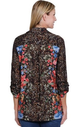 John Mark Mix Animal Floral Printed Button Front Roll Tab Sleeve Shirt (J35444B)