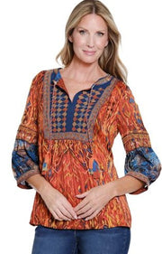 John Mark Embroidered Multi Print Tassel Tie Peasant Top (ORNG/BLU)(J35456TM)