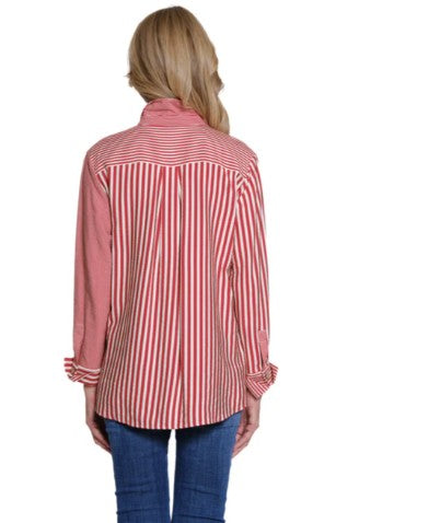 Multiples Chili Pepper Stripe Turn Up Cuff Hi-Low Button Front Shirt (M35609BM)
