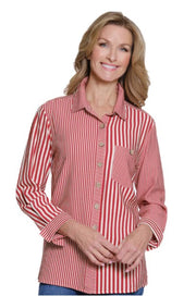 Multiples Chili Pepper Stripe Turn Up Cuff Hi-Low Button Front Shirt (M35609BM)