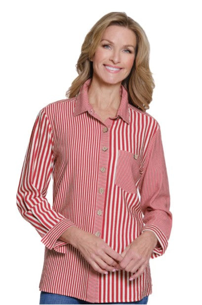 Multiples Chili Pepper Stripe Turn Up Cuff Hi-Low Button Front Shirt (M35609BM)