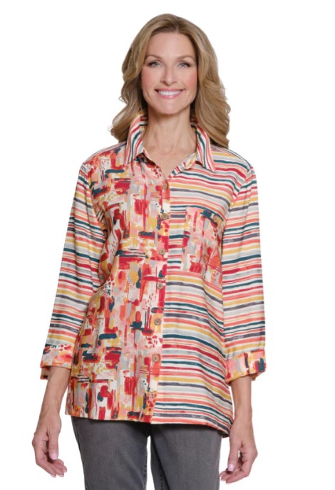 Multiples Collage Print Turn Up Cuff Hi-Low Button Front Shirt (M35611BM)