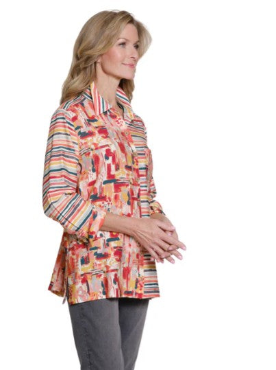 Multiples Collage Print Turn Up Cuff Hi-Low Button Front Shirt (M35611BM)