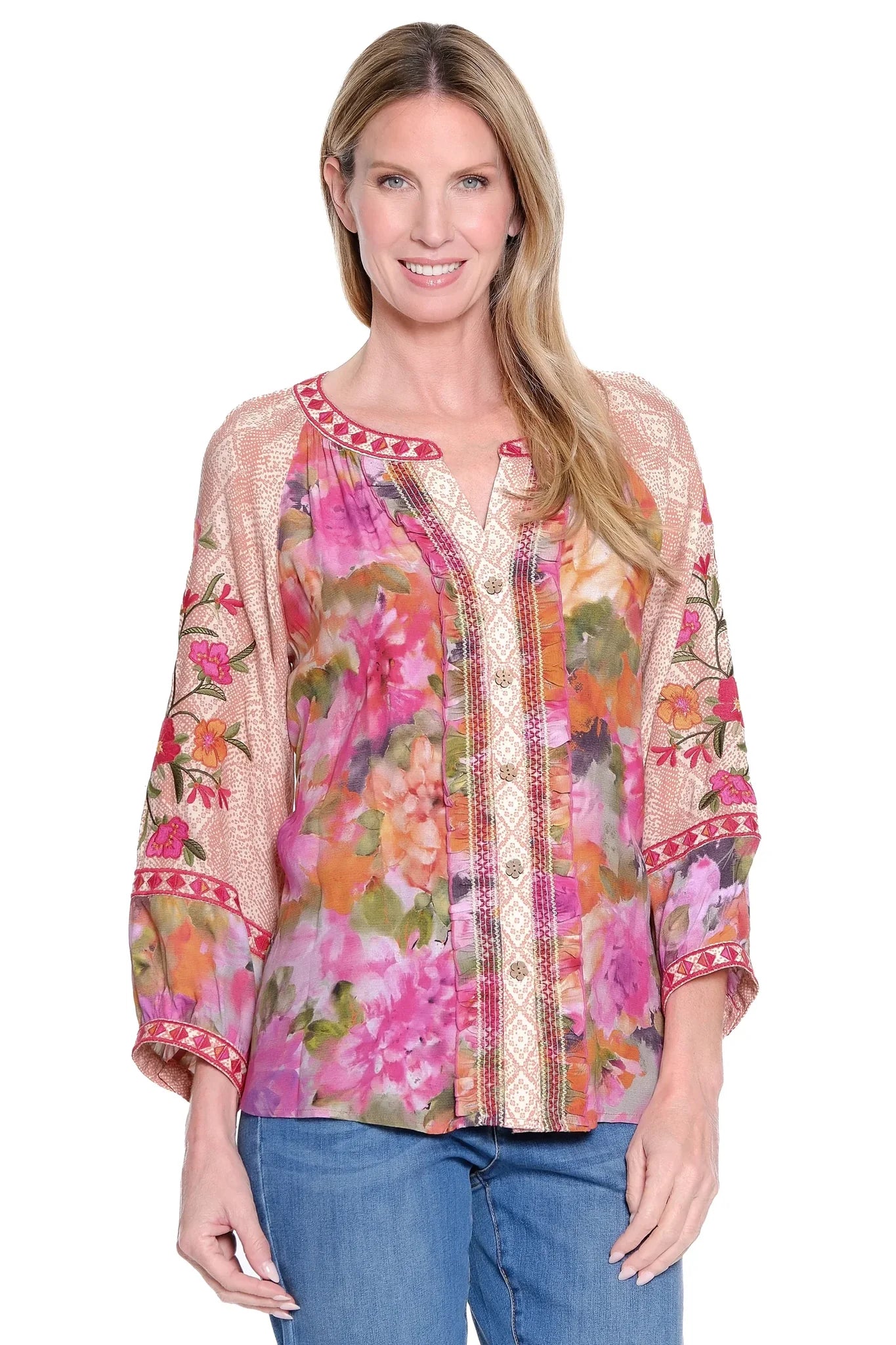 John Mark Embroidered & Embellished Split Neck Top (J35735BM) (PNK)