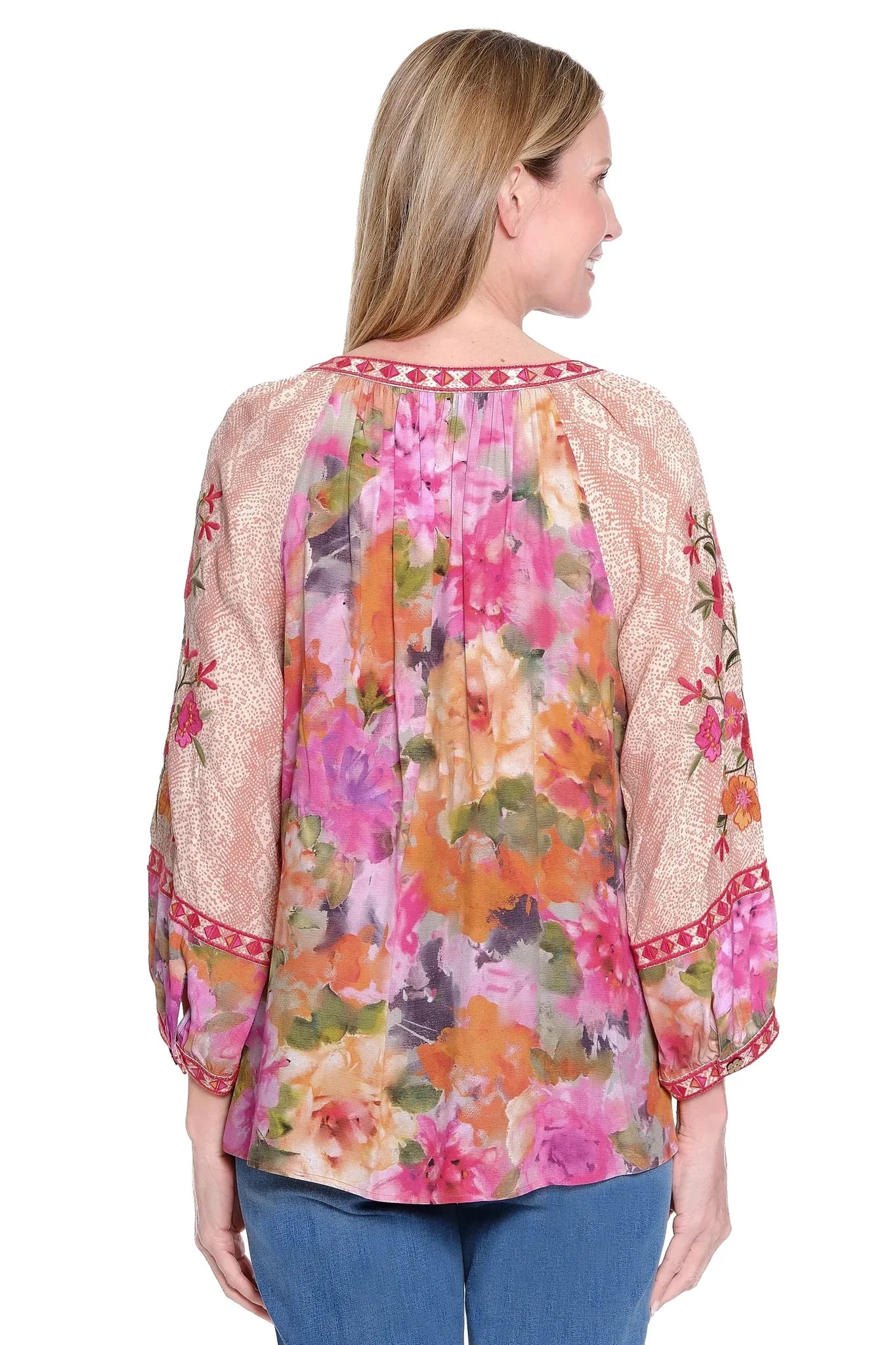 John Mark Embroidered & Embellished Split Neck Top (J35735BM) (PNK)