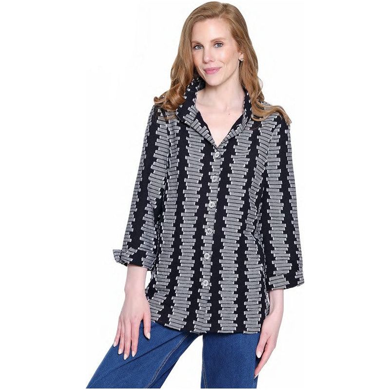 Ali Miles Black & White Woven Jacquard Button Front Shirt (A35810BM)