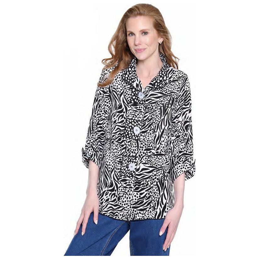 Ali Miles Woven Black & White Print Large Button Front Shirt /Jacket (A35830BM)