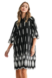 Joh Joley Puff Sleeve Placed Embroidered Dress (36234W)(Black)