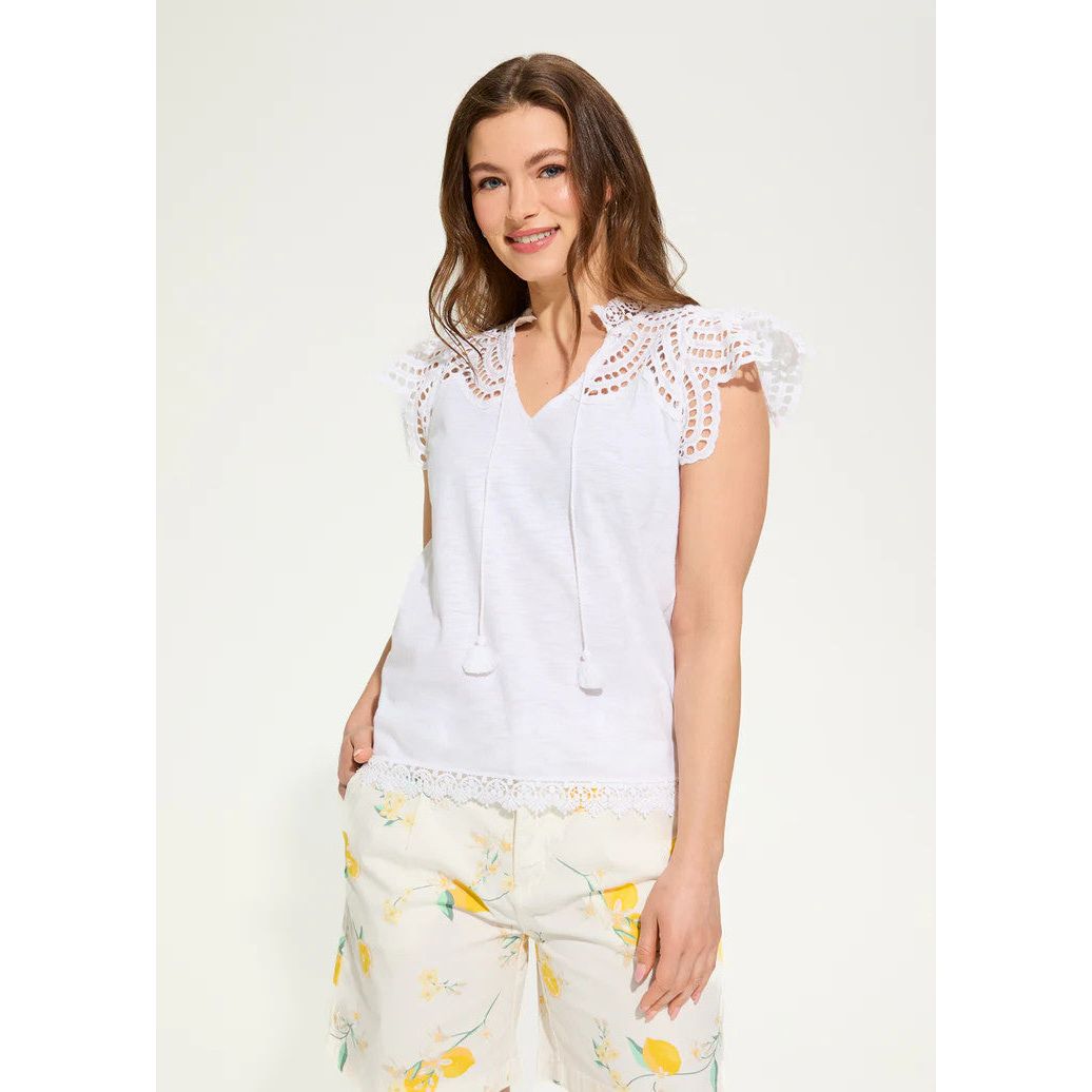 FDJ French Dressing White Flutter Sleeve Placed Eyelet Top