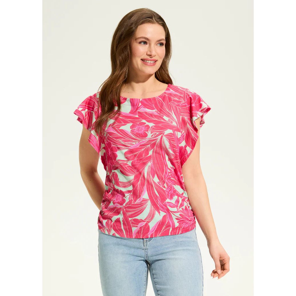 FDJ French Dressing Blooming Jacquard Flutter Sleeve Side Ruched Top (PNK)