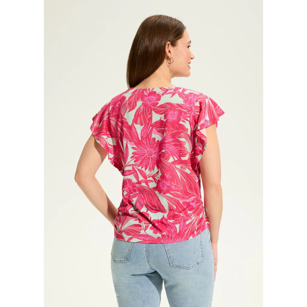 FDJ French Dressing Blooming Jacquard Flutter Sleeve Side Ruched Top (PNK)