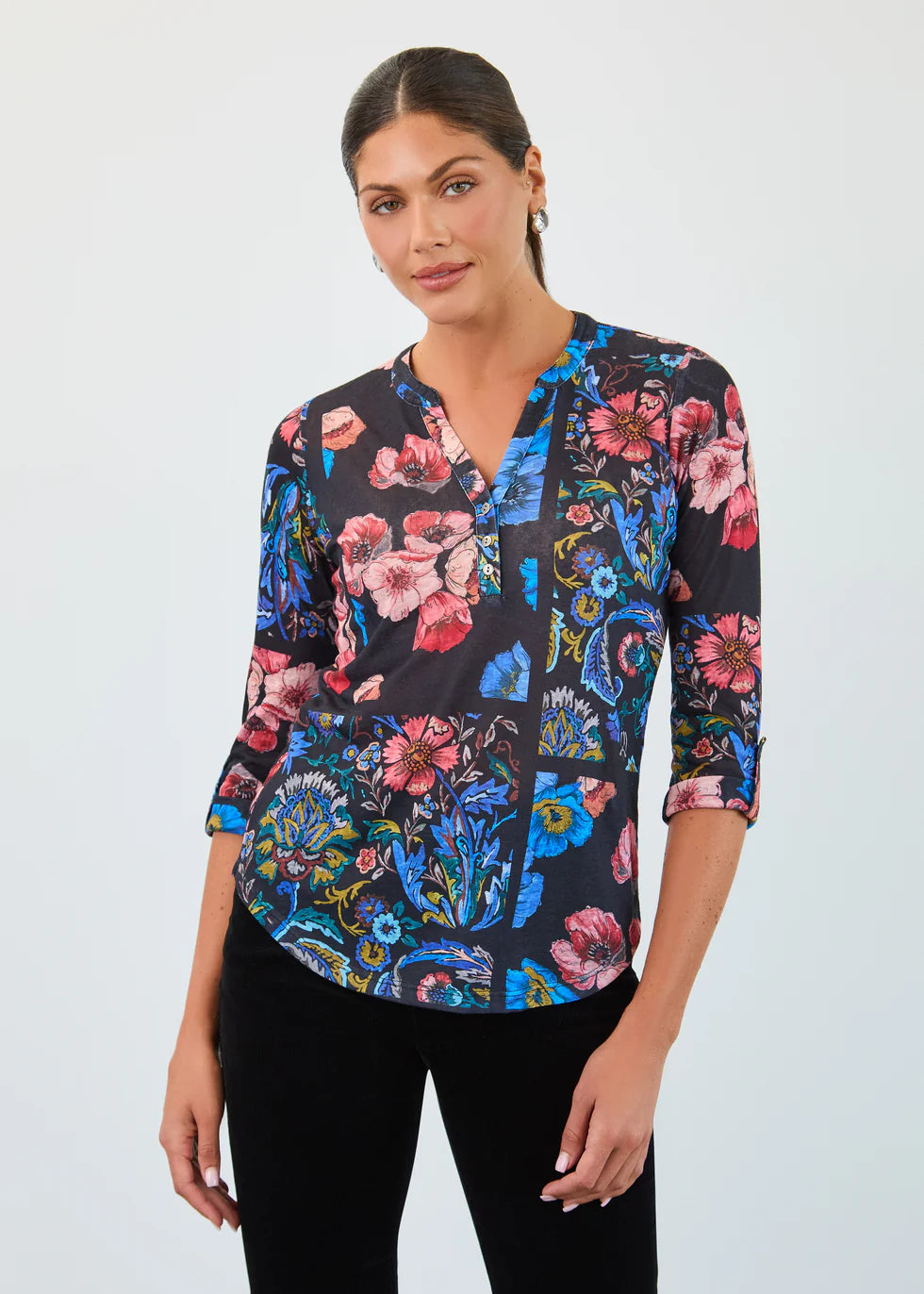 FDJ French Dressing 3/4 Sleeve Henley Botany Patchwork Top (3799451)
